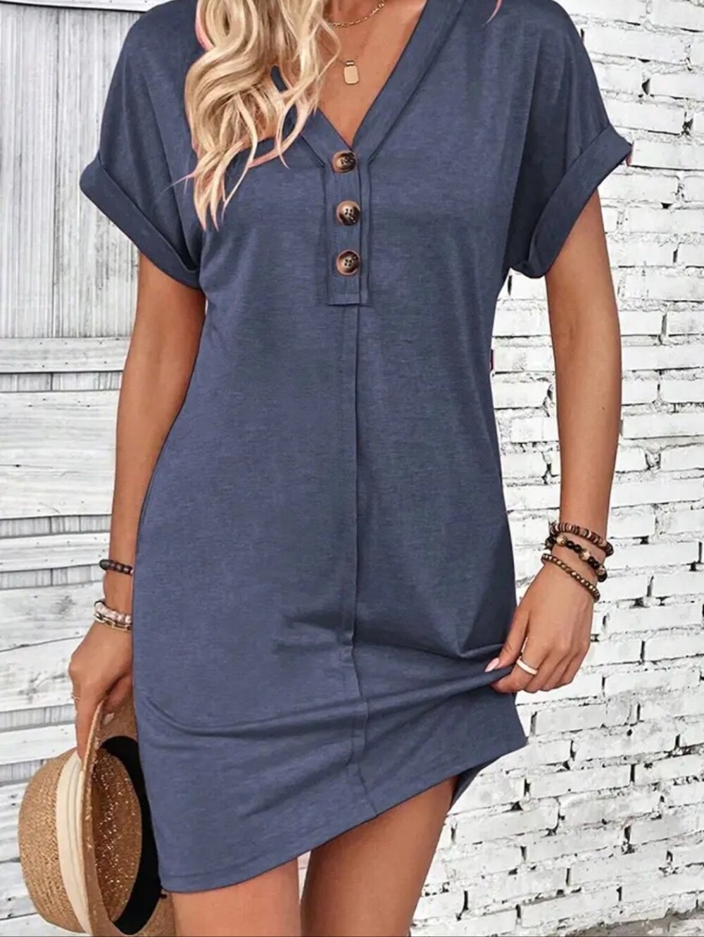 Casual V-Neck Button Dress in Slate Blue